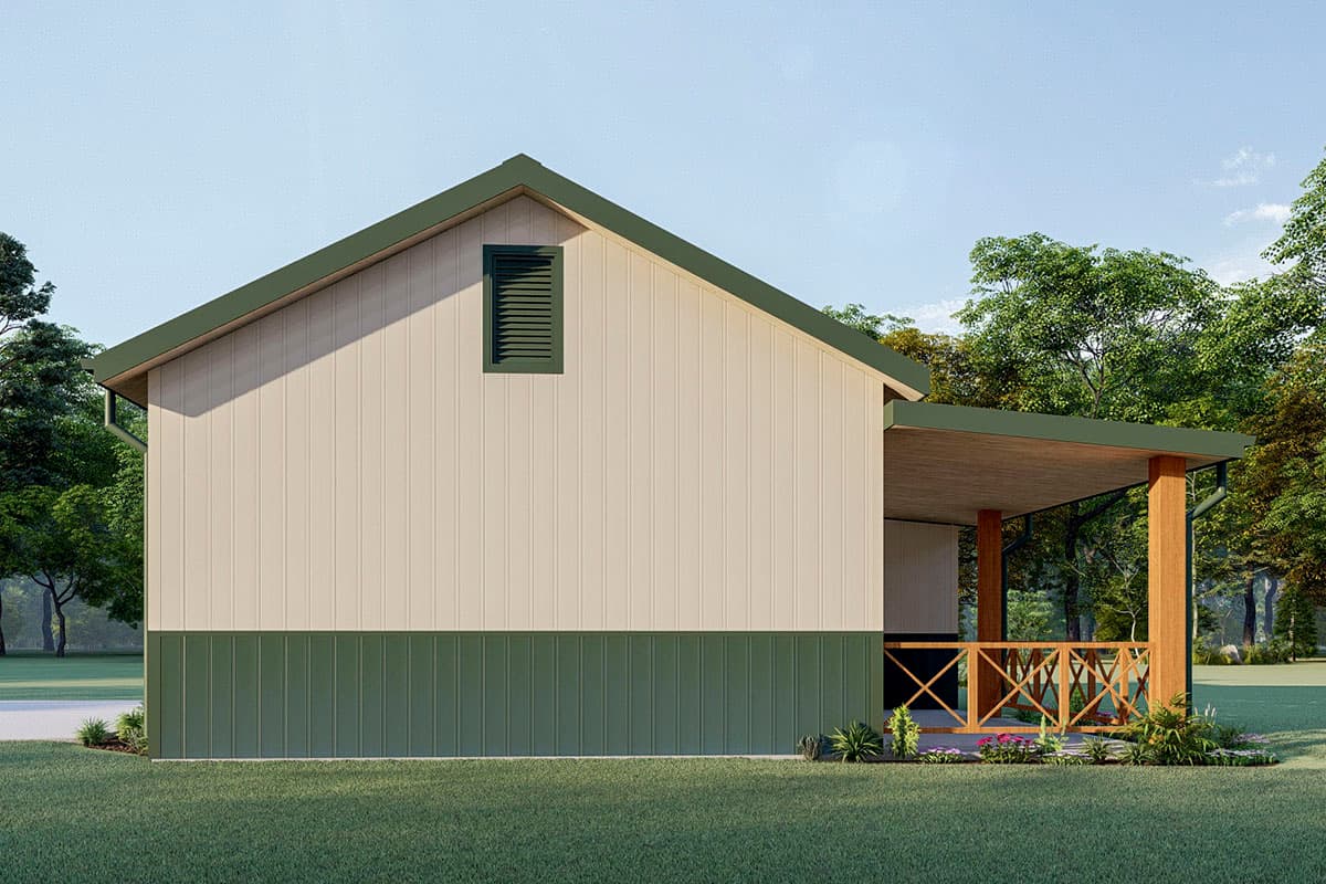 House plan exterior, one-story building with a gabled roof, vertical siding, and a covered porch with a wooden railing.