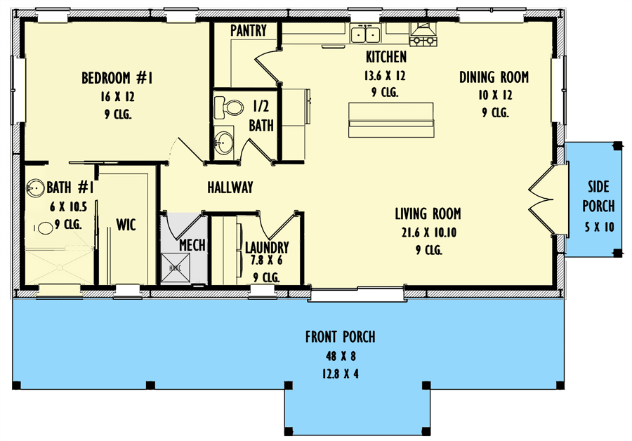 Plan 777035MTL: 1200 Square Foot Cabin with Huge Front Porch - Floor Plan - Main Level - Barndominium, Cabin, Country, Ranch, Rustic