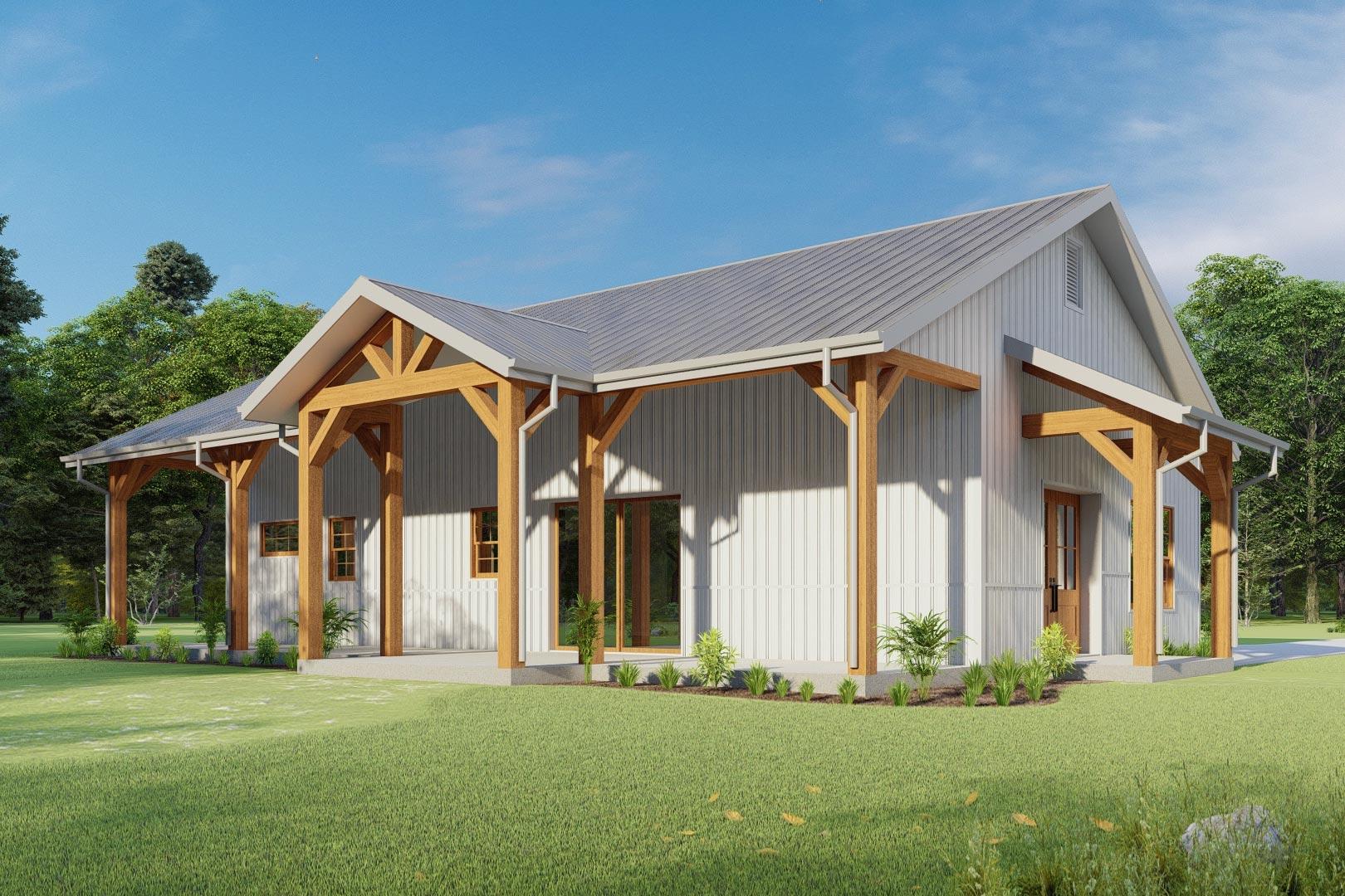 House plan exterior. One-story structure with a gable roof and open wood beam porch. Features include board and batten siding and a metal roof.