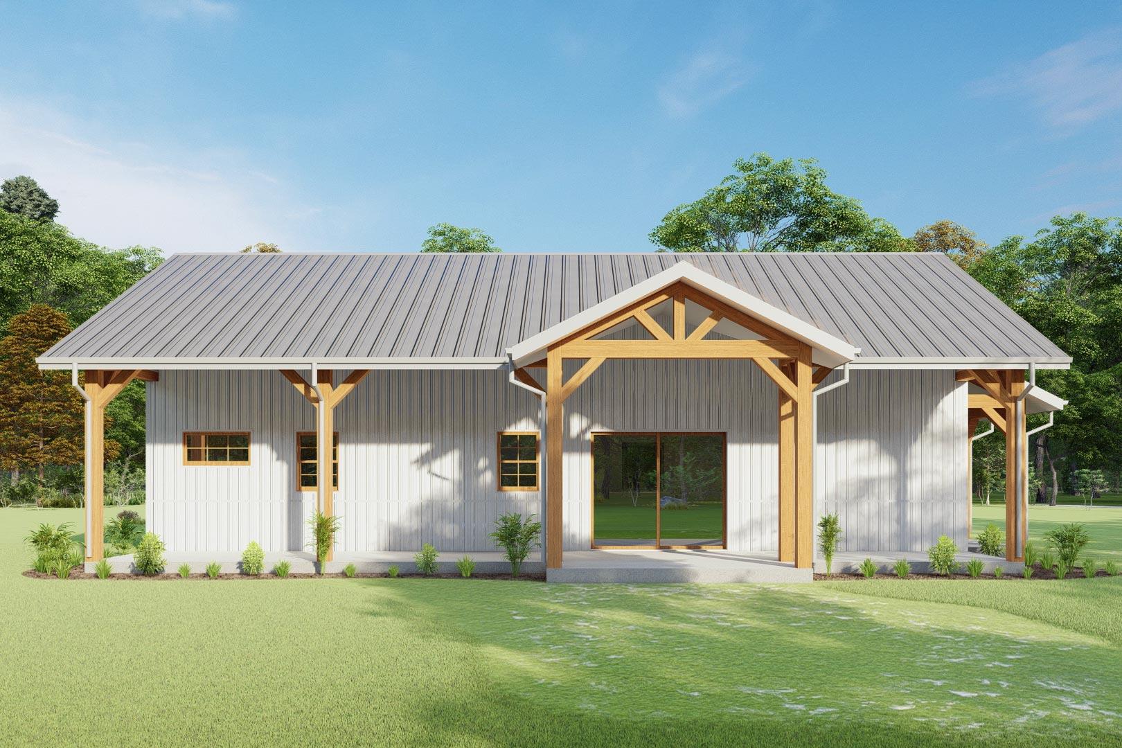 Modern Farmhouse house plan exterior, one story, with metal roof, exposed wooden beams, and a covered entry.