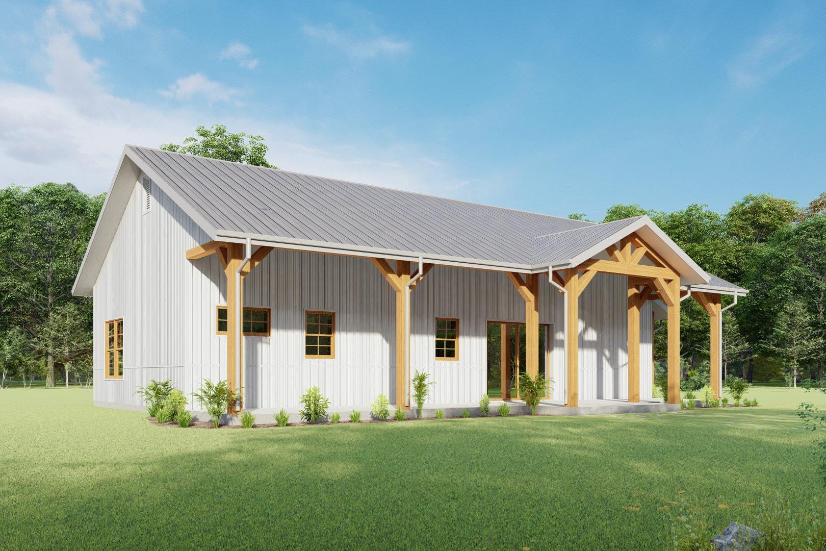 Modern Farmhouse style house plan exterior with a metal roof, gabled dormers, and exposed timber framing on the covered porch.
