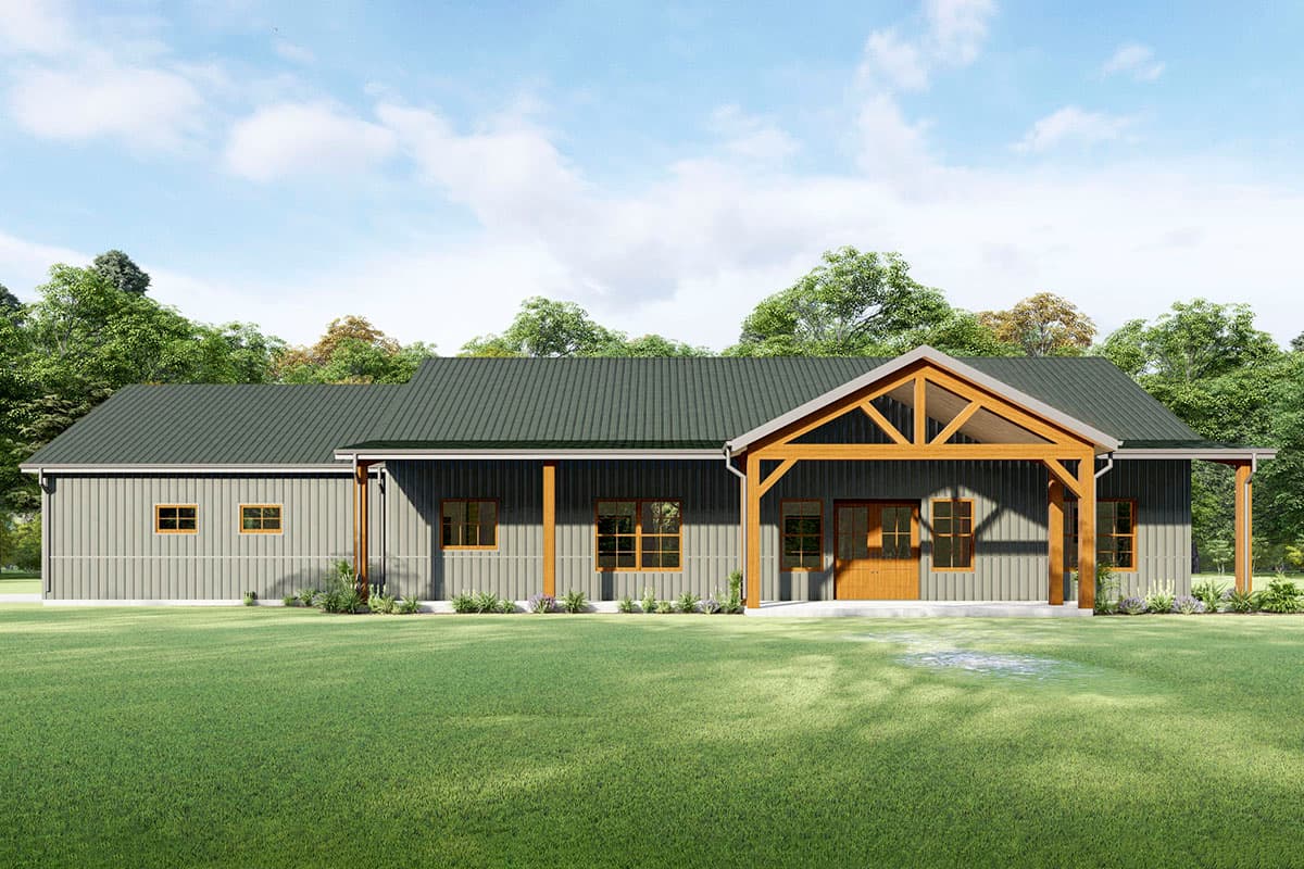 House plan exterior: Ranch style with a prominent timber-frame covered entry, metal siding, and a standing seam metal roof.