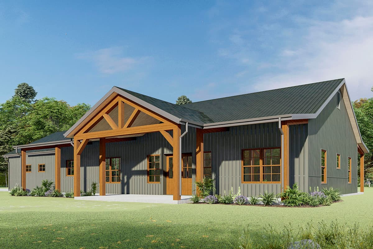 House plan exterior, single-story structure with metal siding, featuring a prominent wooden-trussed covered porch and dark metal roof.