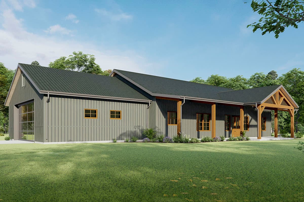 House plan exterior with metal roof, covered porch with exposed beams, and multiple gabled sections. Includes garage with glass door.