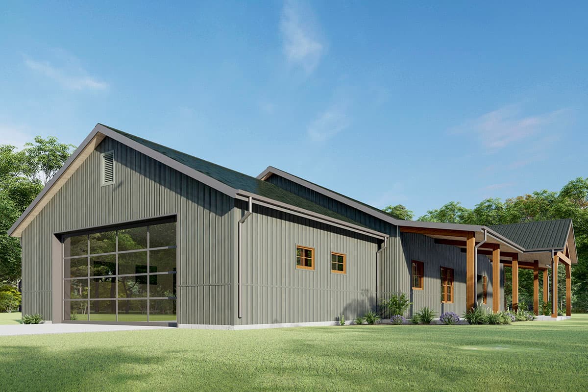Modern house plan exterior with standing seam metal siding, large glass garage door, and covered porch with wood posts.