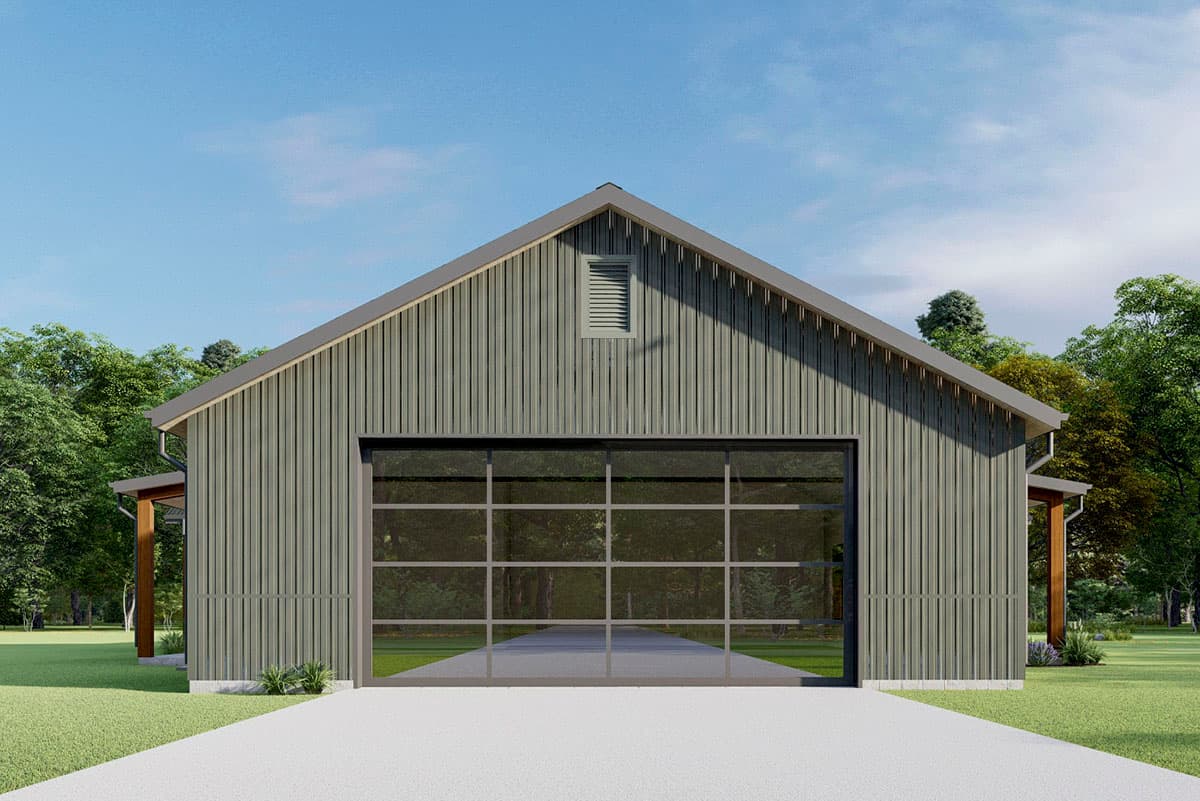 House plan exterior: Modern barn style, metal siding, large glass garage door, visible rafters supporting roof.