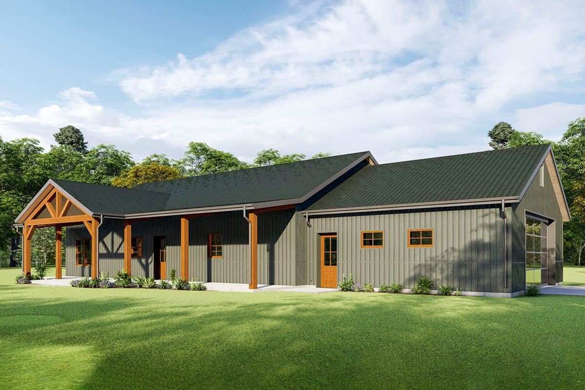 House plan exterior featuring a covered porch with exposed beams, metal siding, and a large garage door.