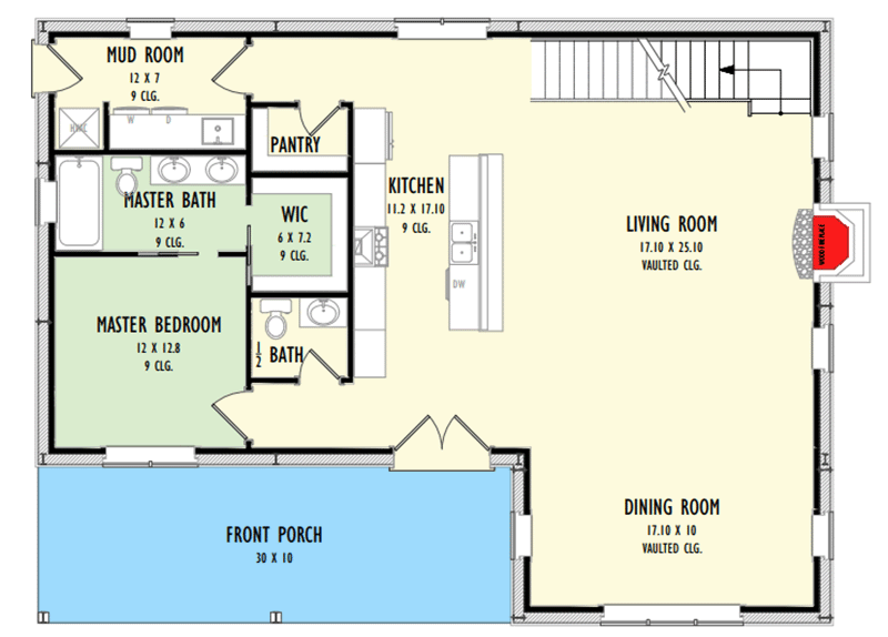 Plan 777038MTL: Country Farmhouse Under 2500 Square Feet with Front Porch and Loft - Floor Plan - Main Level - Barndominium, Country, Farmhouse, Mountain, Rustic