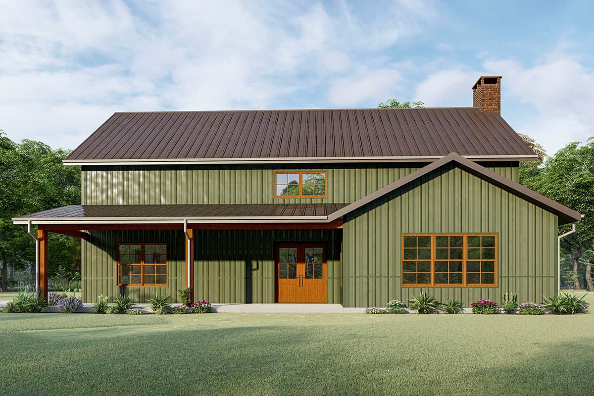 House plan exterior: Two-story Modern Farmhouse with gabled front, covered porch, double entry doors, and brick chimney.