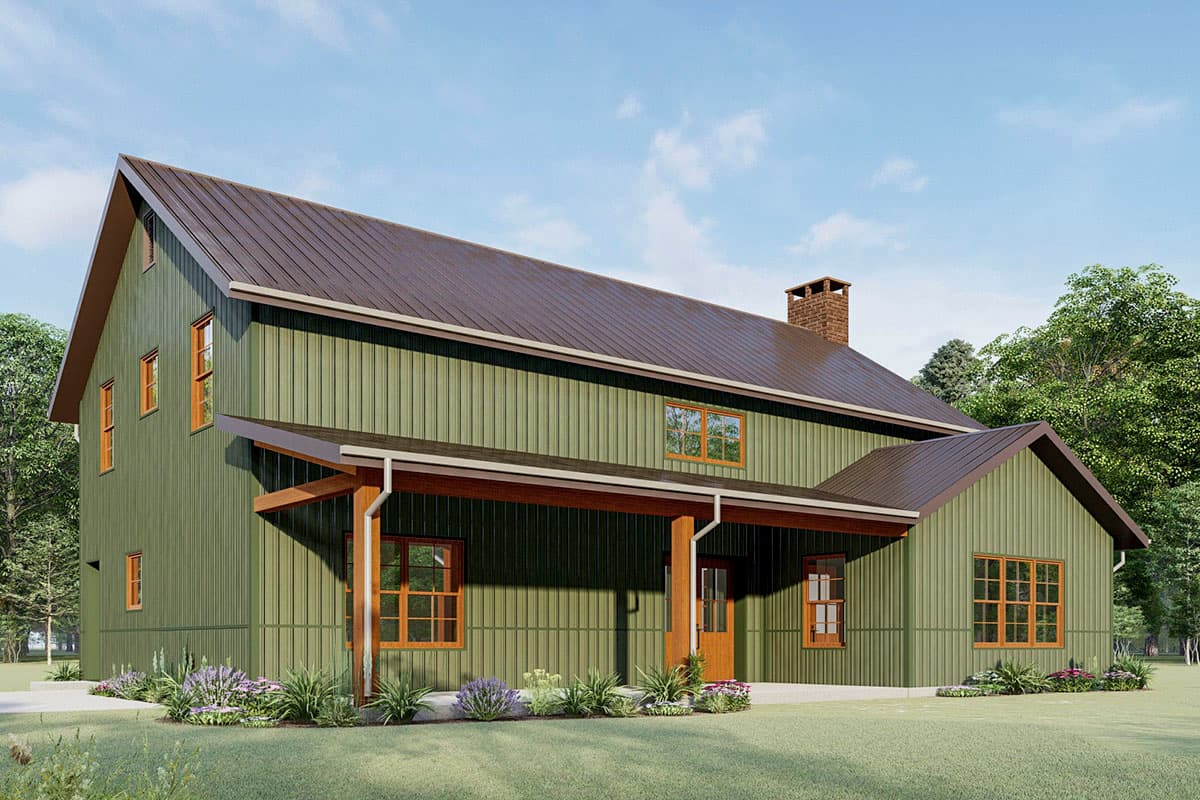 House plan exterior. Two-story Modern Farmhouse with a gabled roof, covered porch, and brick chimney. Features vertical siding and multiple windows.