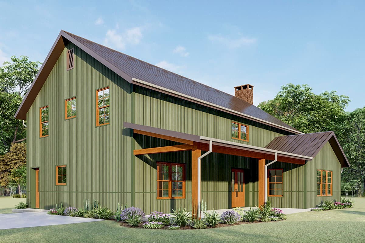 Modern Farmhouse house plan exterior, two stories, green vertical siding, metal roof, prominent gable, and covered porch.