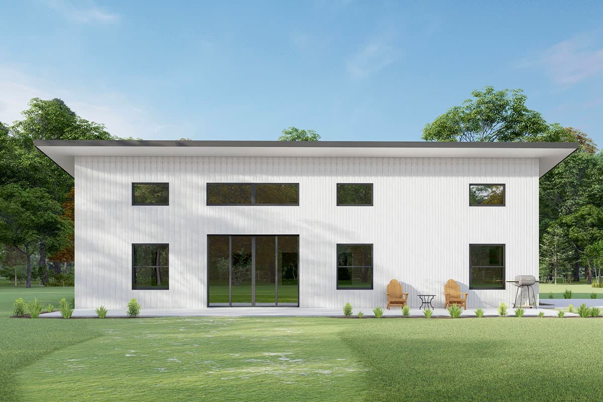 Modern house plan exterior with vertical siding, flat roof, and large windows including a sliding glass door.