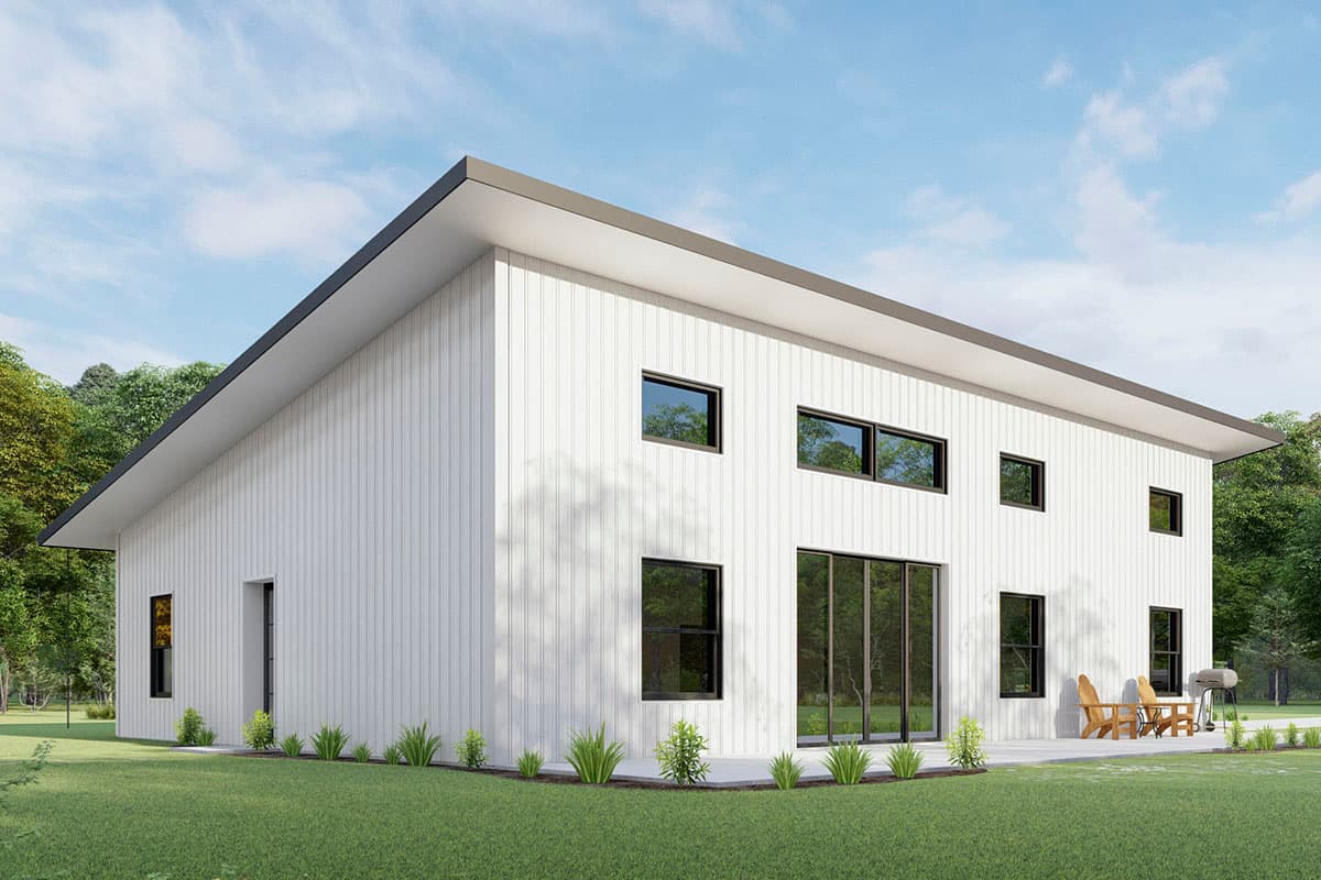 House plan exterior with two stories and flat roof. Features include large windows, sliding glass doors, and vertical siding.