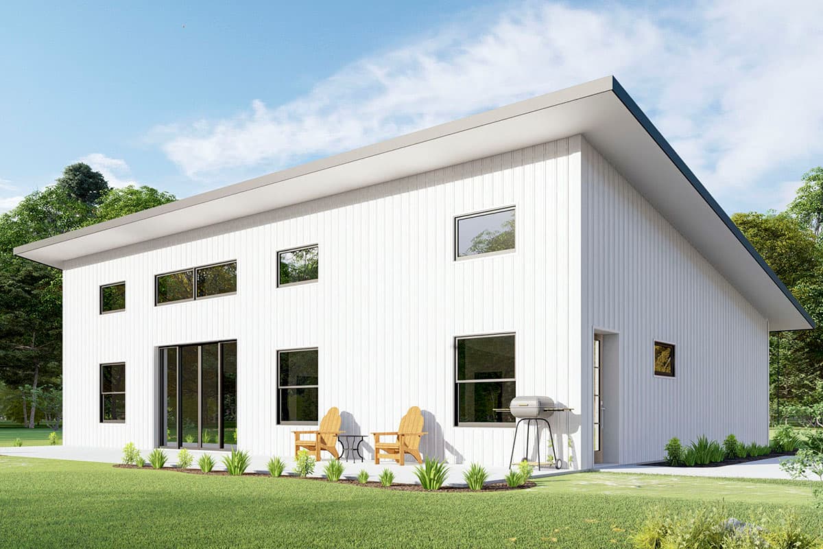 Modern two-story house plan exterior with vertical siding, a shed roof, and numerous rectangular windows.