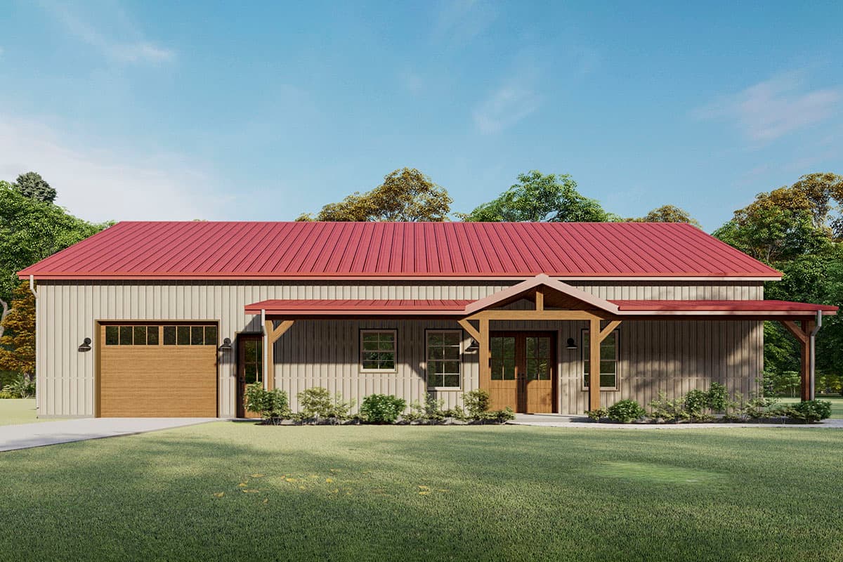 House plan exterior with a single story, barn style architecture, and a red metal roof. Features include a covered entry and attached garage.