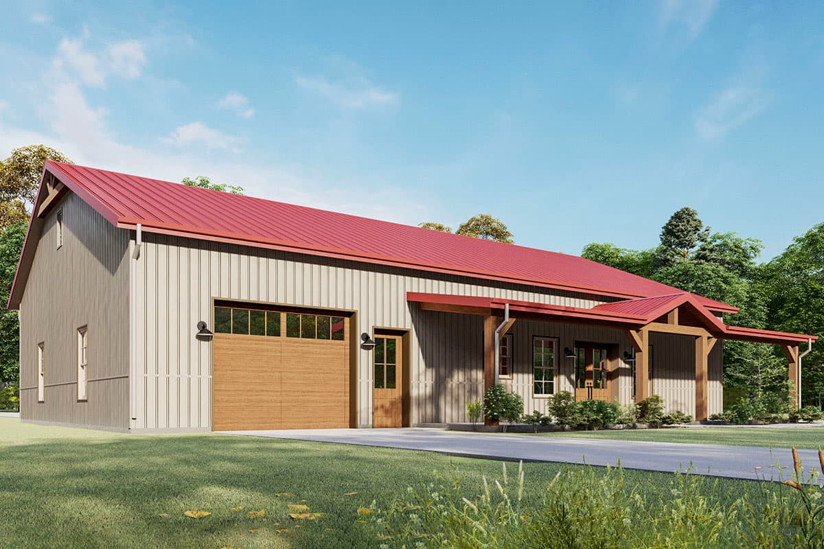 House plan exterior: Gable roofline, vertical siding, one garage door, covered entryway with wooden beams and posts.