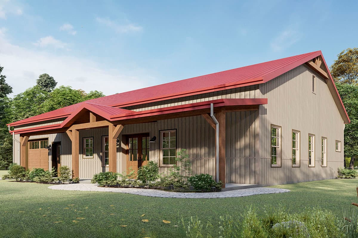House plan exterior: One-story modern barn style with a prominent red metal roof, exposed wooden beams, and vertical siding.