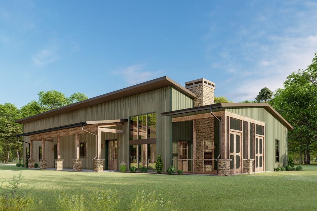 House plan exterior. One-story structure with a covered porch, stone chimney, and metal roof. Large windows and a screened-in porch are also visible.