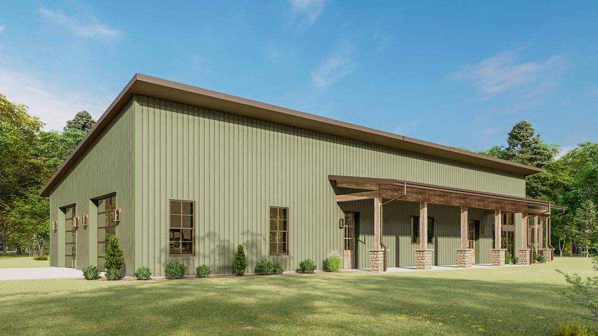 House plan exterior: Single-story structure with a low-slope roof, vertical siding, covered porch with stone columns, and multiple glass garage doors.