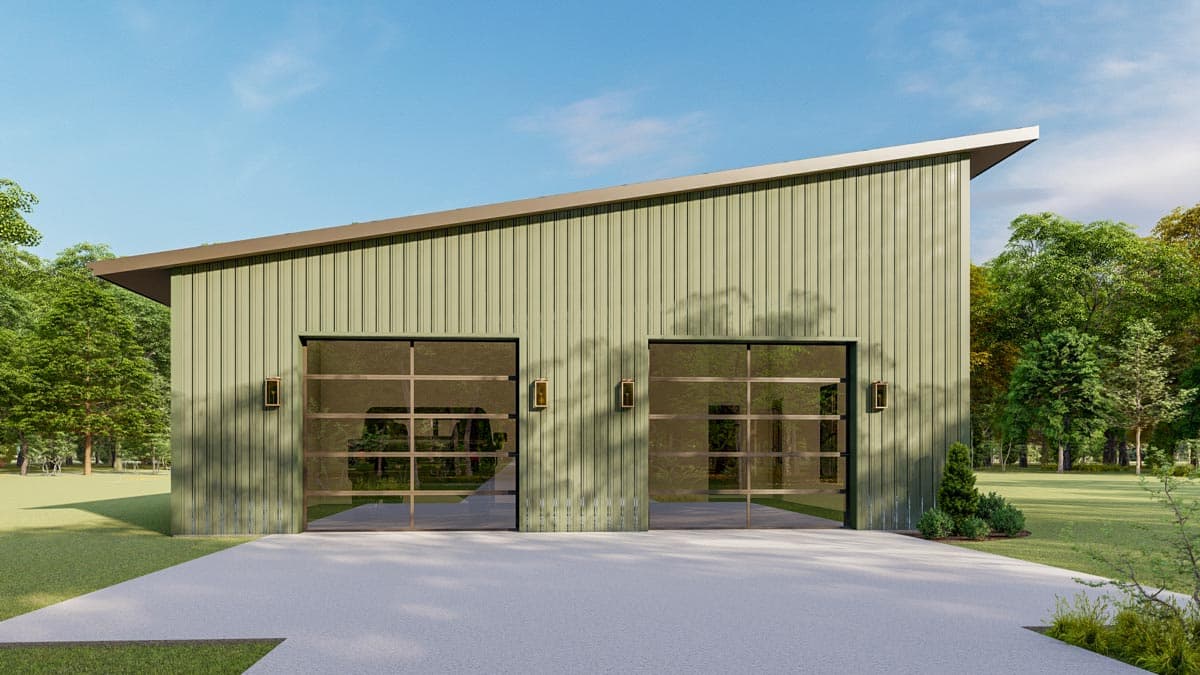 Modern house plan exterior with vertical siding, a single-slope roof, and two glass garage doors with side lighting.