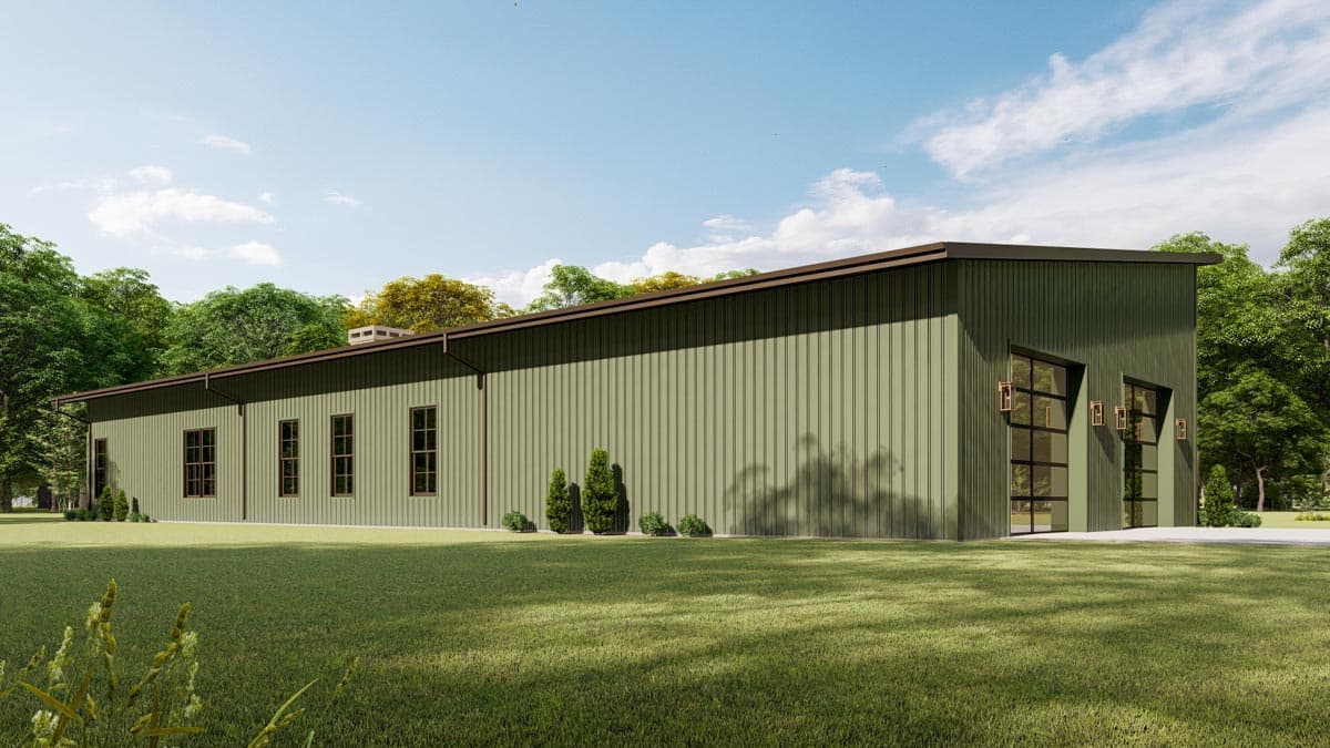 Modern house plan exterior with green corrugated metal siding, a sloped roof, and multiple large windows.