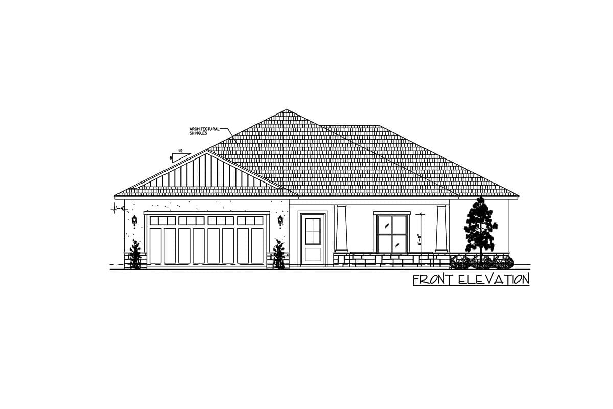 Front elevation house plan. Single-story home with a prominent gable, multi-panel garage door, covered entry porch, and hip roof.