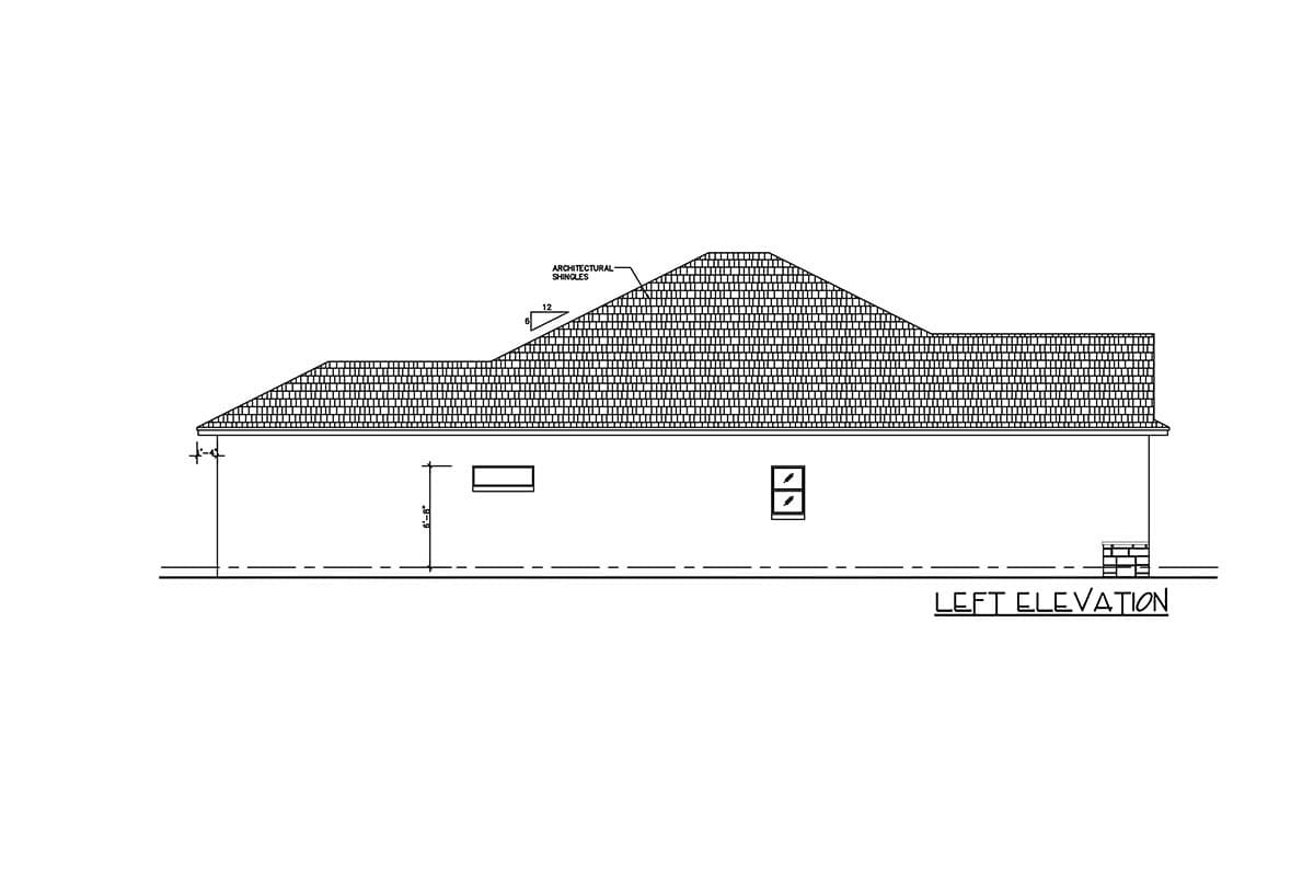 Left elevation of a house plan showing a hipped roof with architectural shingles and two windows.