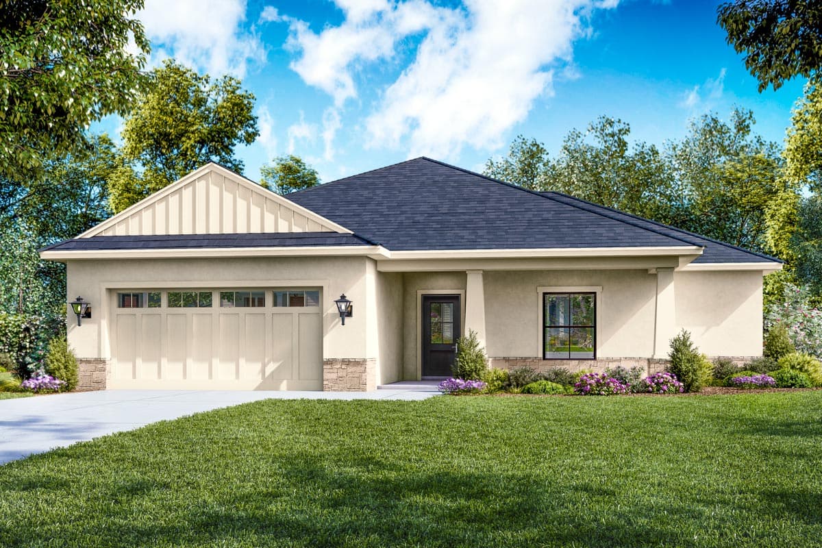 House plan exterior. Ranch style with a single story, gable roof, stone accents, and a front-facing garage.