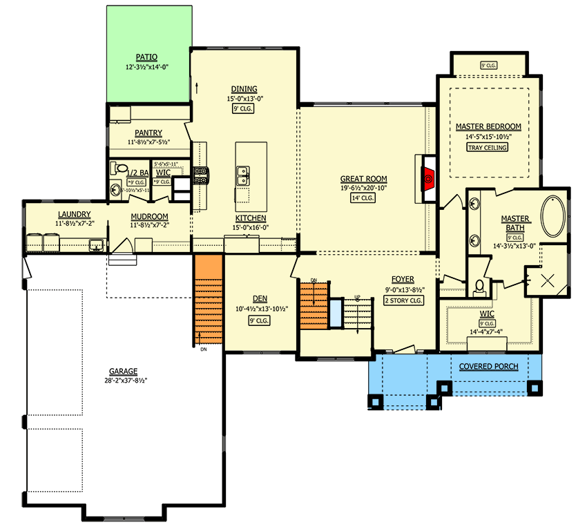 Plan 911027JVD: 4-Bed Transitional Home Plan Under 3300 Square Feet with 14' Ceiling above Great Room - Floor Plan - Main Level - European, Transitional