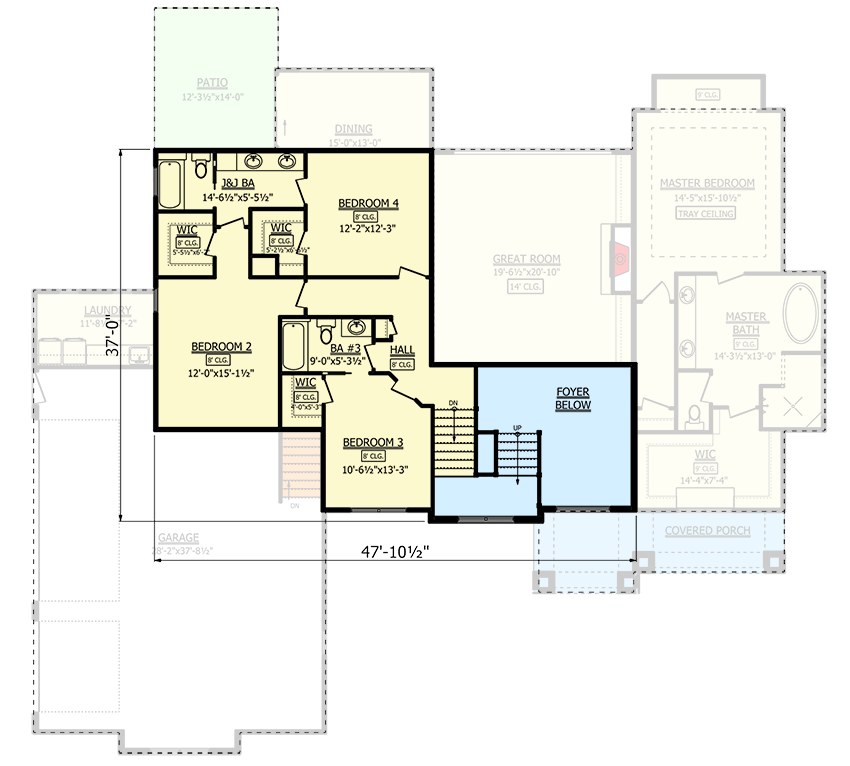 Plan 911027JVD: 4-Bed Transitional Home Plan Under 3300 Square Feet with 14' Ceiling above Great Room - Floor Plan - 2nd Floor - European, Transitional