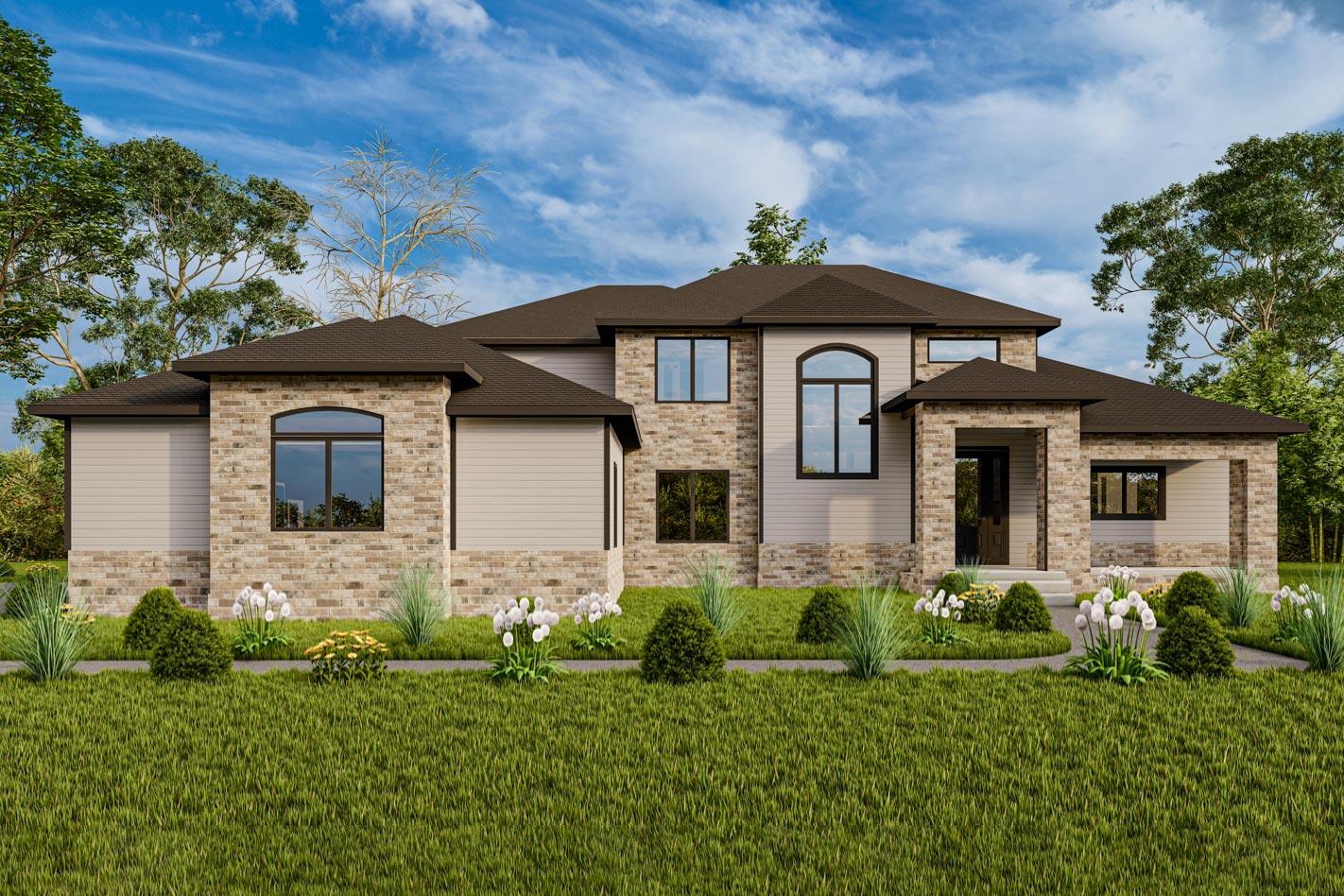 House plan exterior. Two-story home with a mix of siding and brick. Features include a covered porch, multiple rooflines, and arched window.