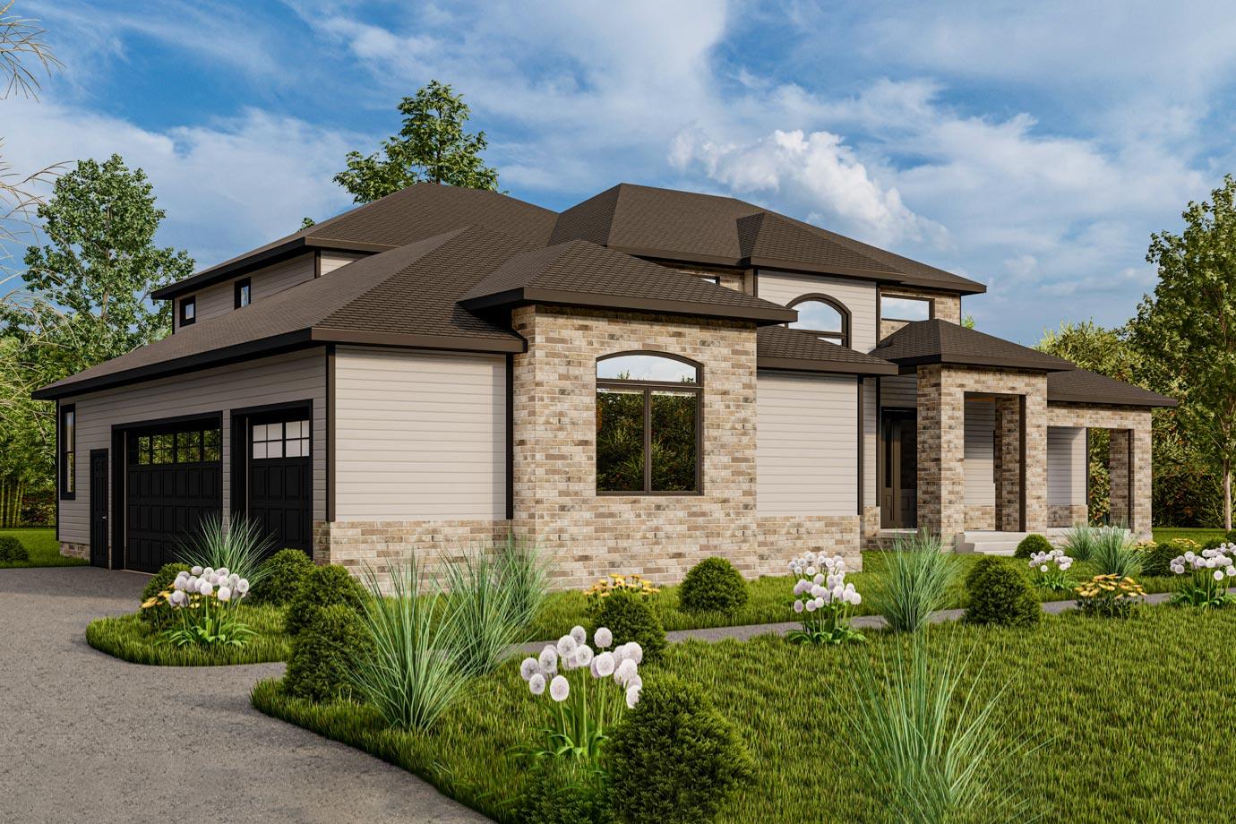 House plan exterior: Two-story Modern Farmhouse with attached three-car garage, stone accents, prominent gables, and covered entry.