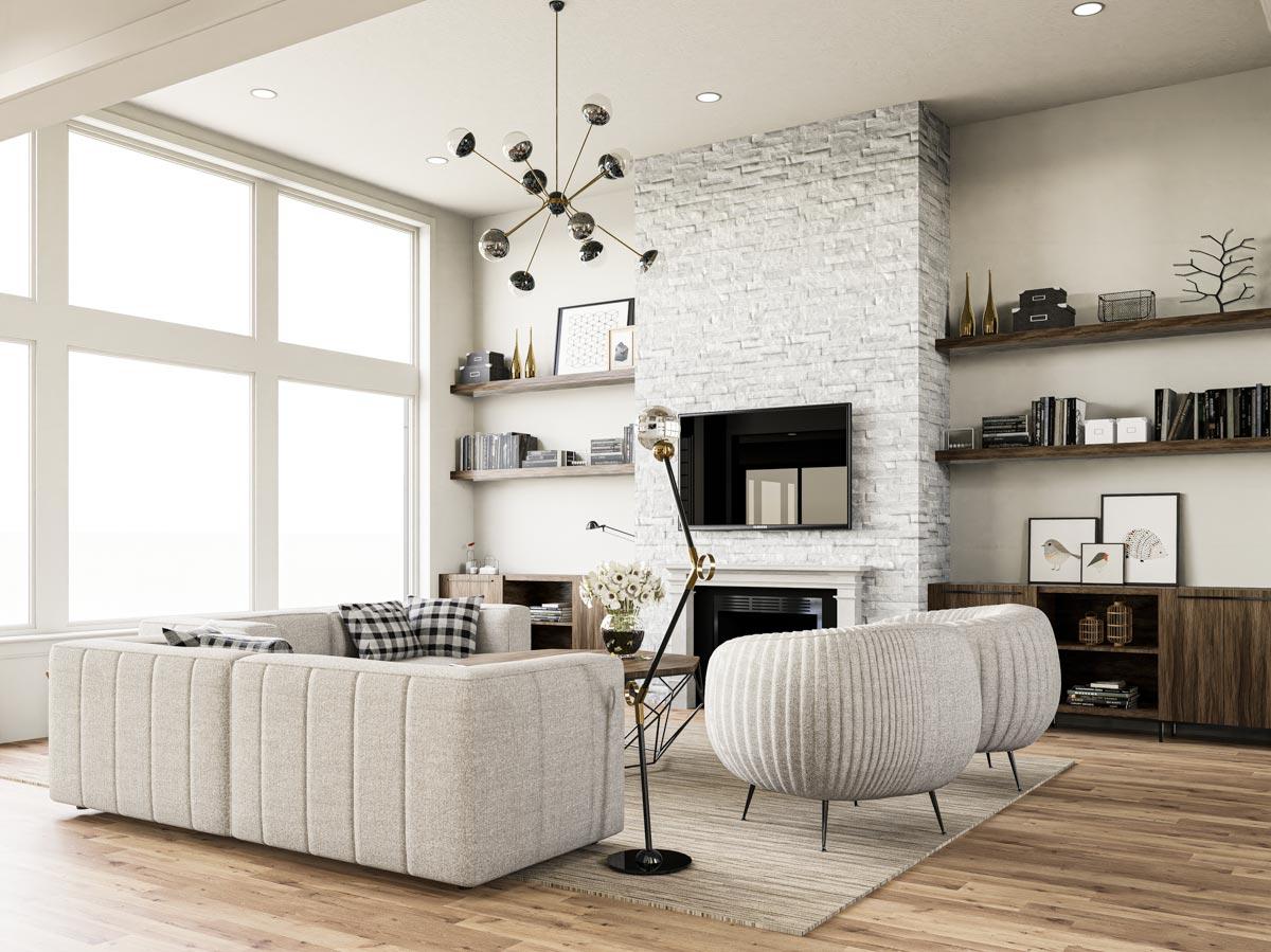 Living room with sectional sofa, fireplace, large windows, and built-in shelving.