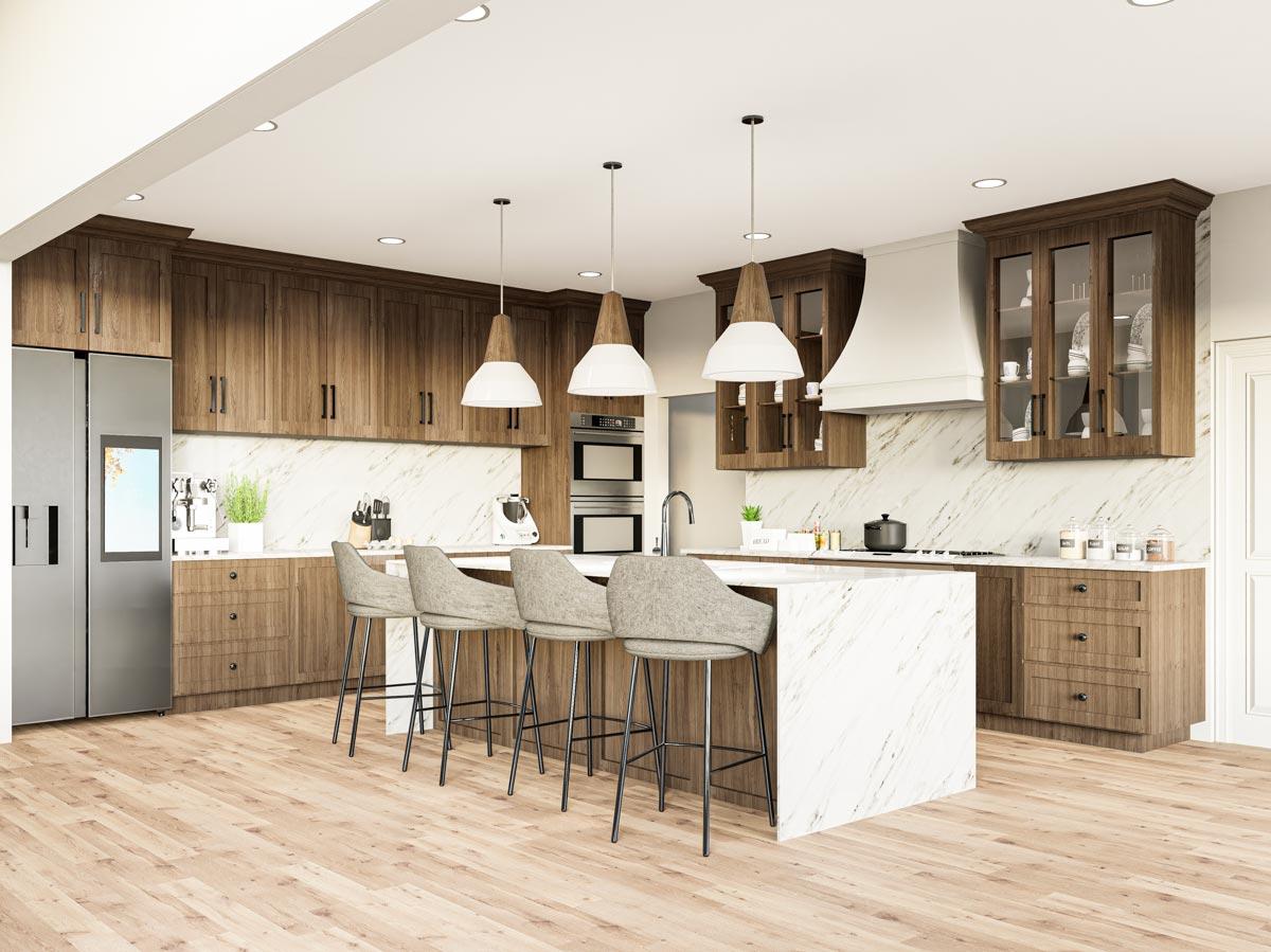 Modern kitchen interior with wood cabinetry, marble island with seating, stainless steel appliances, and pendant lighting.
