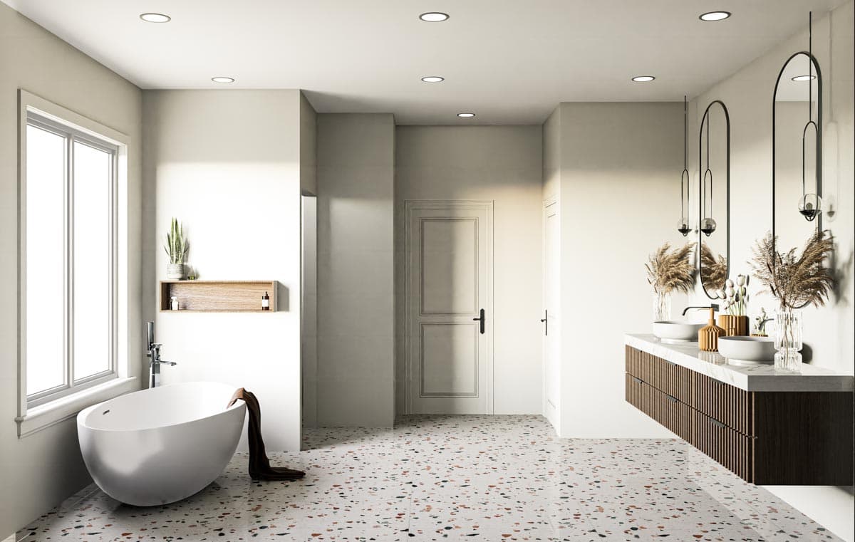 Modern bathroom with freestanding tub, double vanity with trough sinks, and floor-to-ceiling arched mirrors.