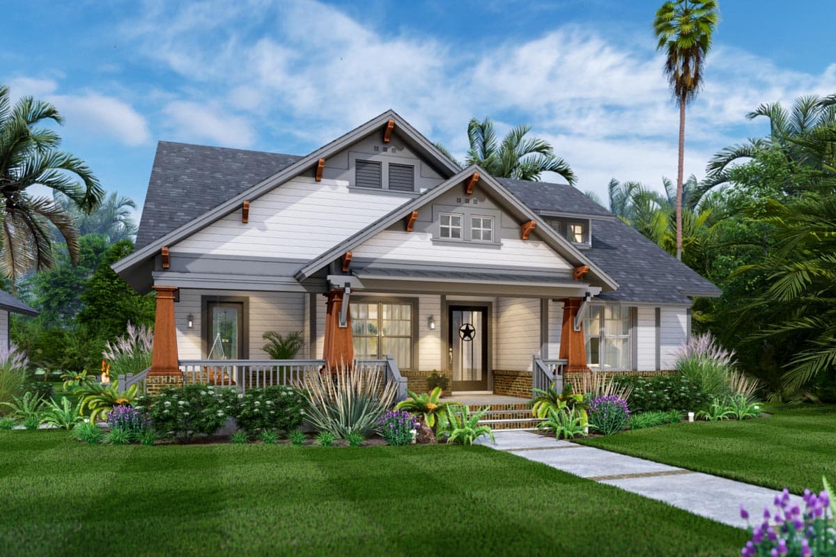 Craftsman house plan exterior with prominent gables, wide porch, and stone accents.