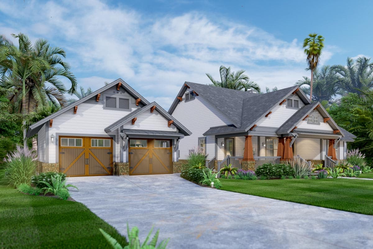 House plan exterior: Modern Farmhouse style, two stories, gable roofs, two-car garage, and covered front porch with wooden columns.