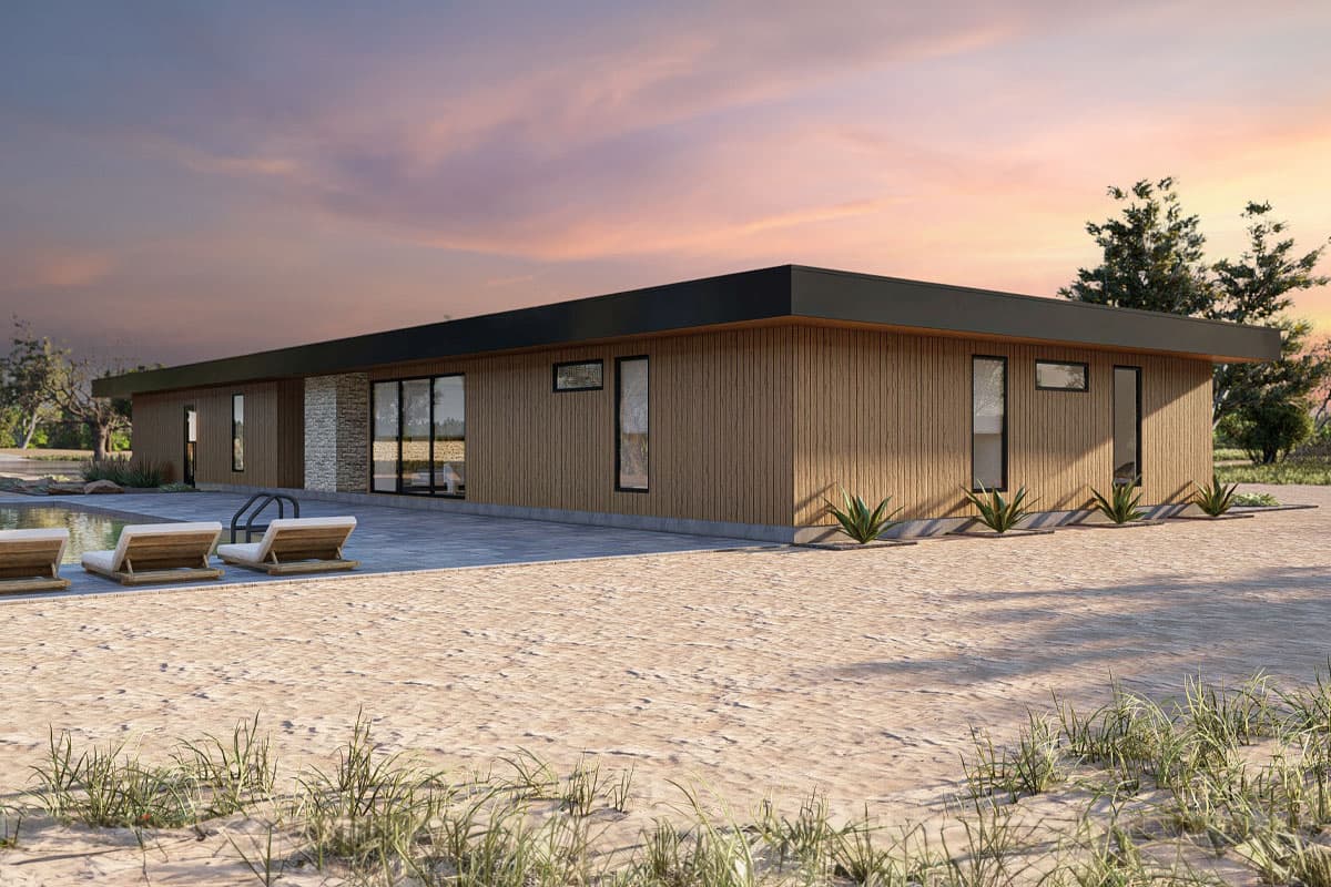 Modern single-story house plan exterior with wood siding, stone accents, flat roof, and large windows.