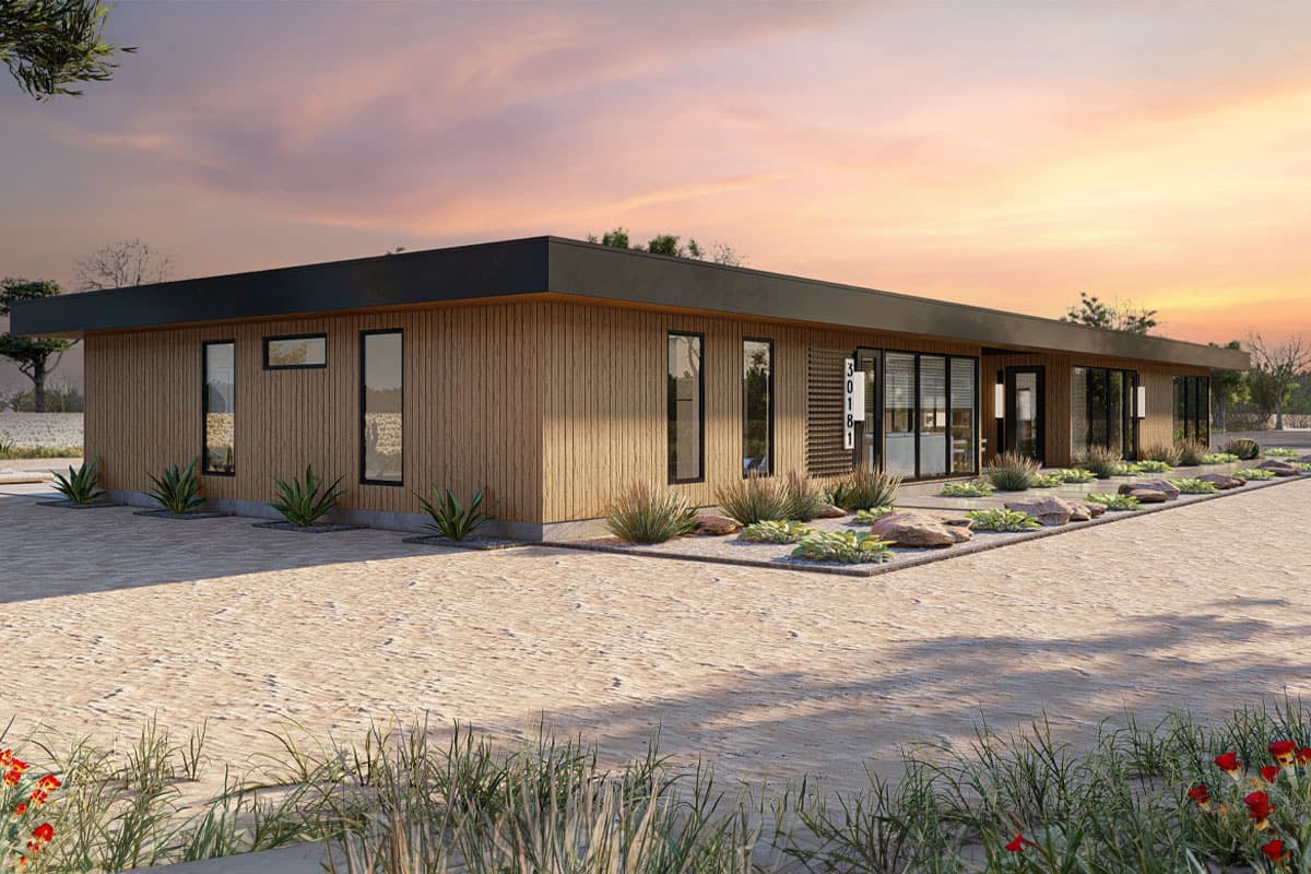 Modern single-story house plan exterior with wood siding, flat roof, and large windows.