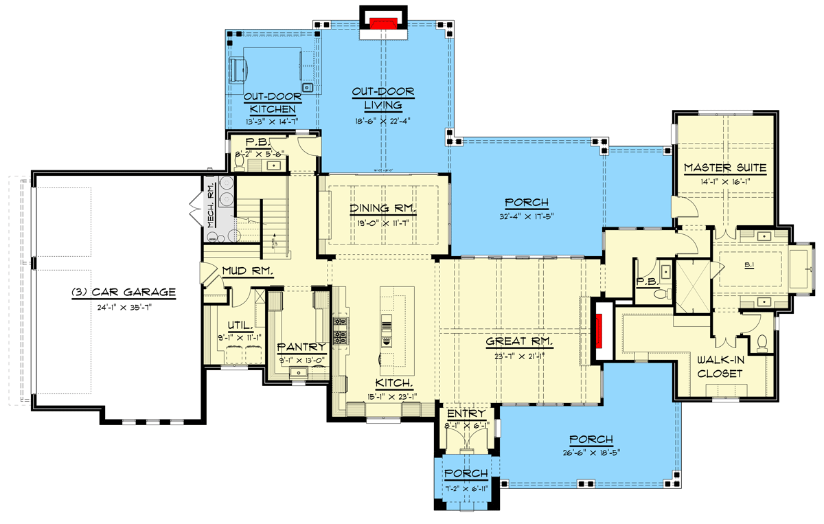 Plan 915057CHP: 4500 Square Foot Contemporary Texas-Style Farmhouse Plan with 4 Beds - Floor Plan - Main Level - Farmhouse, Hill Country, New American, Transitional