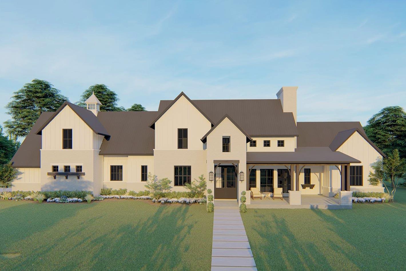 House plan exterior featuring a two-story Modern Farmhouse design with gabled roof, dormers, and a covered porch.