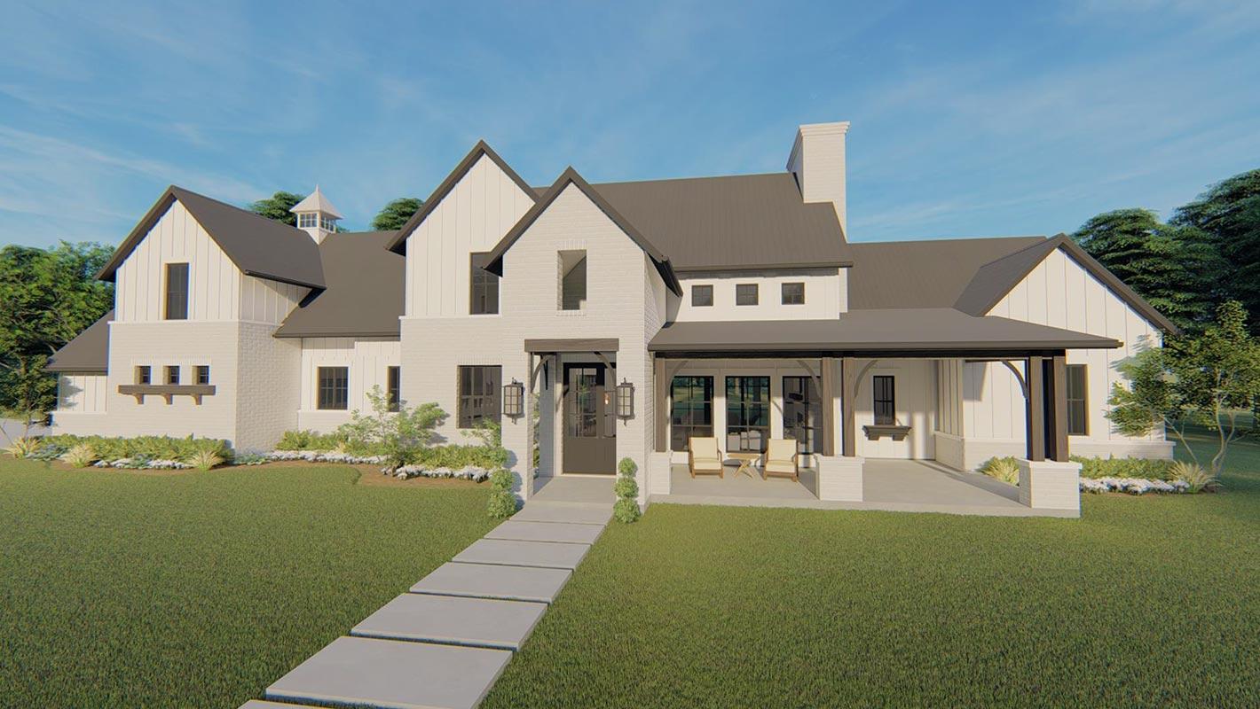 Modern Farmhouse house plan exterior with a prominent gable, covered porch with columns, and a brick and board-and-batten facade.