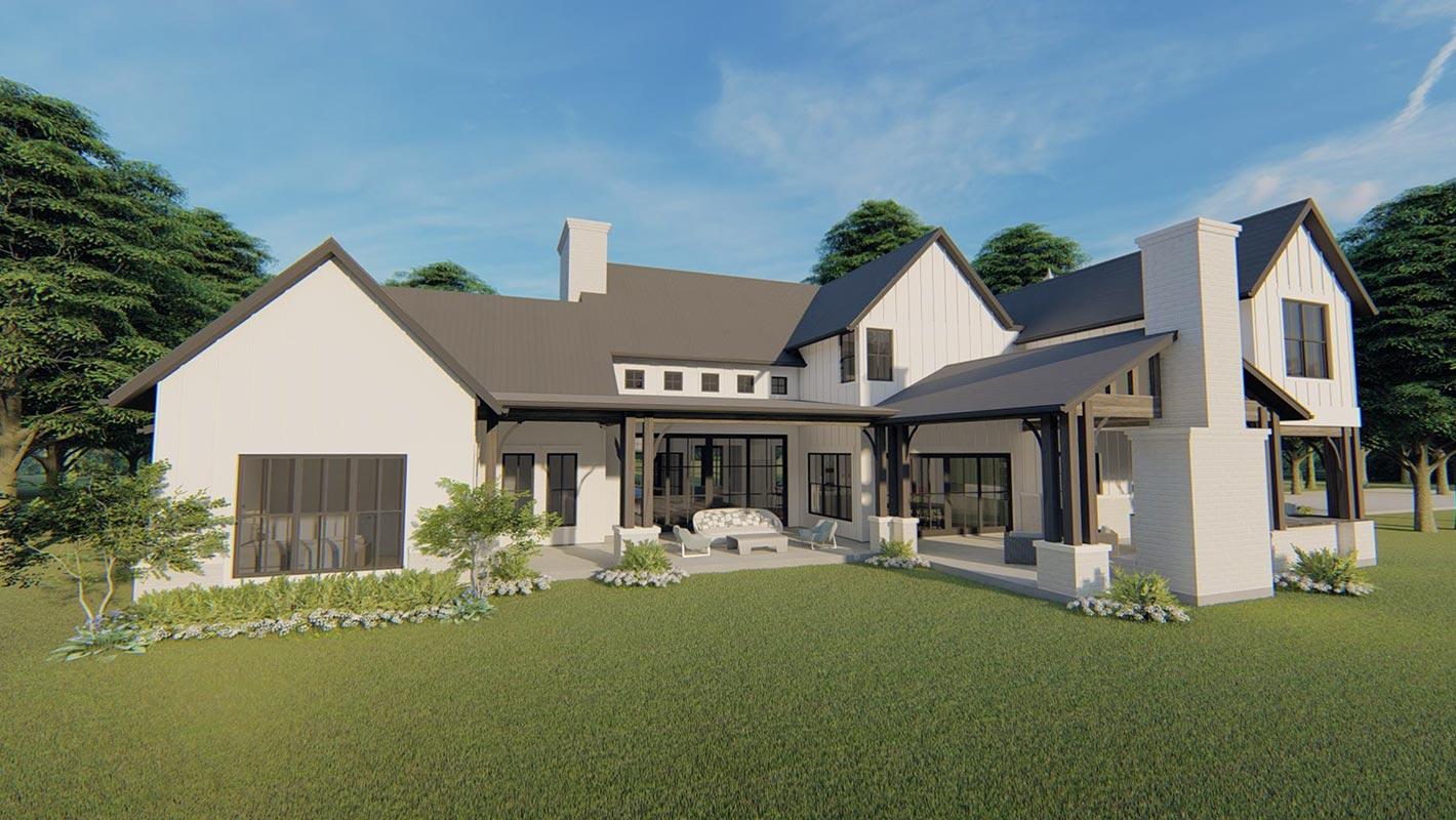 Modern Farmhouse house plan exterior with white board and batten siding, dark metal roof, and covered porches.