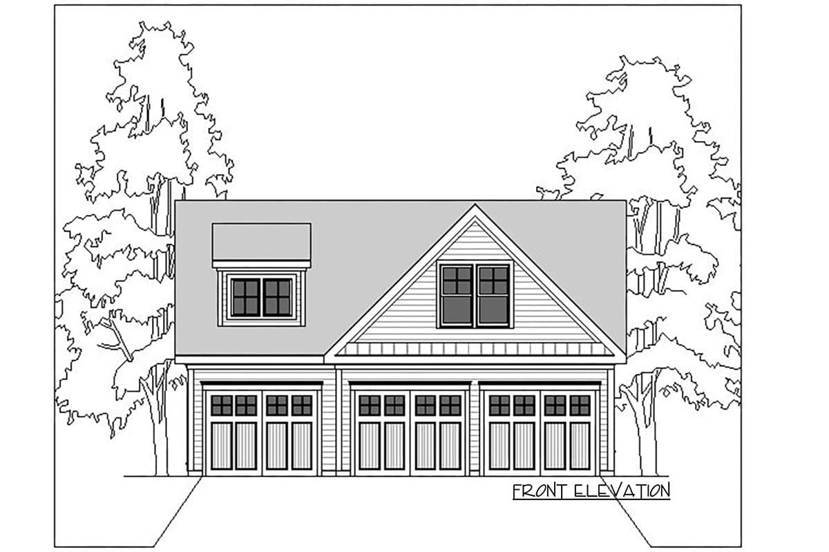 Front elevation drawing of a house plan with a dormer, gabled dormer, and four garage bays.