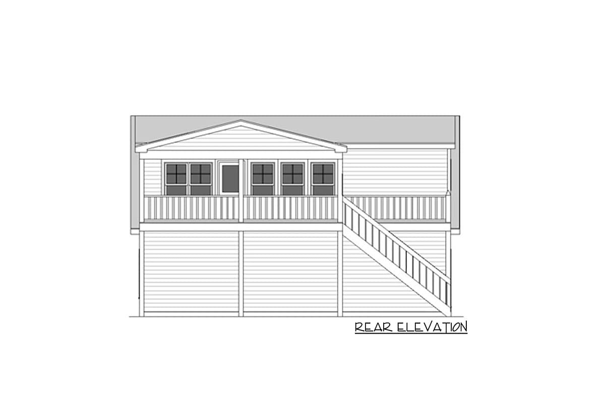 Rear elevation house plan with a raised porch, railing, stairs, and lower level.