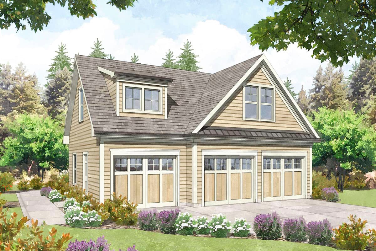 House plan exterior rendering. Two-story garage plan with gable roof, dormers, and three garage doors. Exterior features horizontal siding.