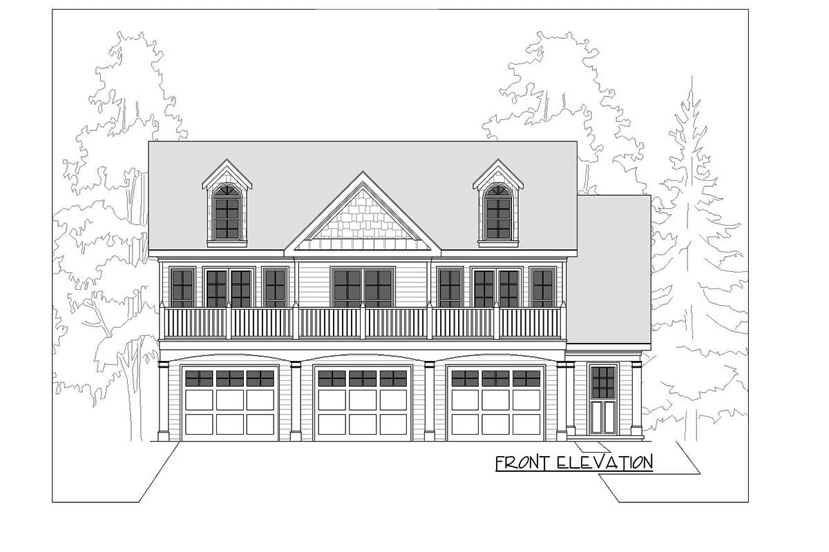Front elevation drawing of a two-story house plan with a three-car garage, balcony, and dormer windows.
