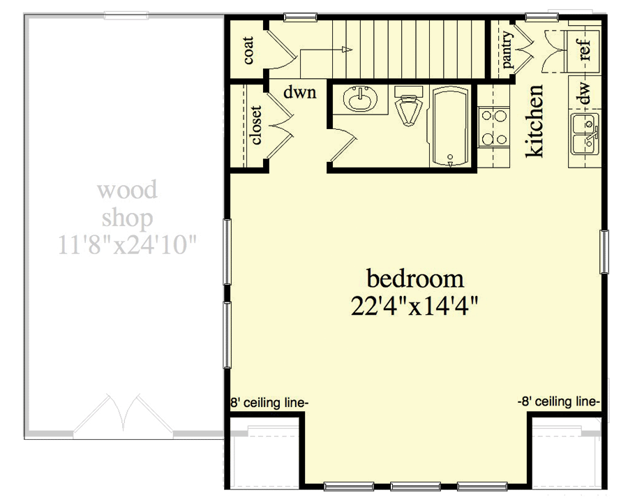 Plan 29909RL: 700 Square Foot Garage Apartment Above a 2-Car Garage with Separate Shop Space - Floor Plan - 2nd Floor - Cabin, Carriage, Country, Rustic