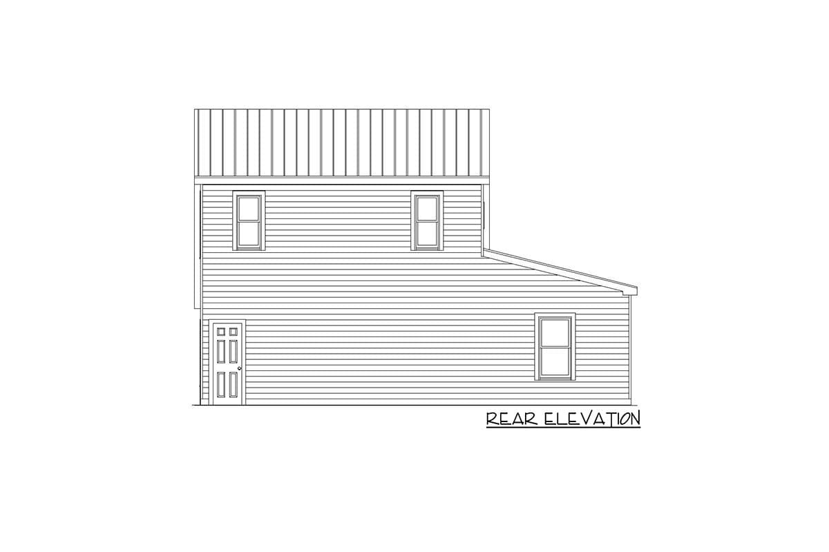 Rear elevation drawing of a two-story house plan with vinyl siding, a metal roof, a double door, and three windows.