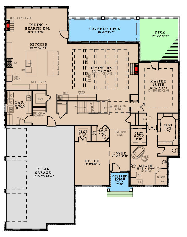 Plan 70838MK: 4-Bed Traditional Home Plan with Painted Brick Exterior and Lower Level Expansion - 3768 Sq Ft - Floor Plan - Main Level - Traditional, Transitional